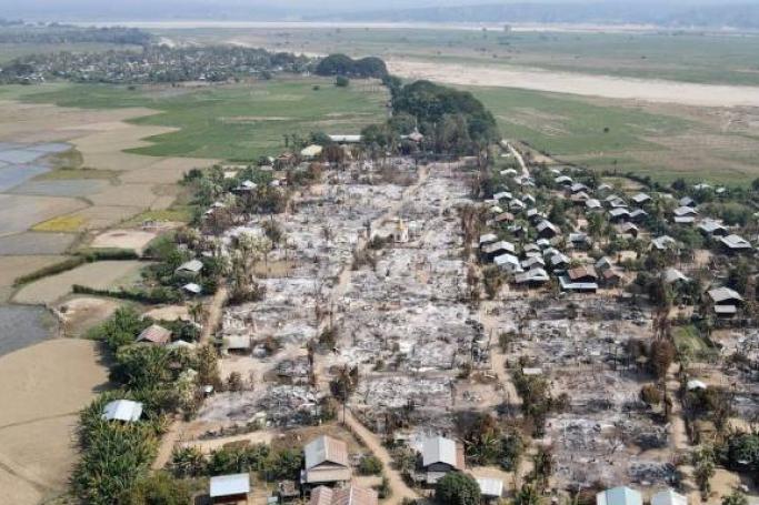 An aerial view of Bin village of the Mingin Township in Sagaing region after villagers say it was set ablaze by the Myanmar military, in Myanmar February 3, 2022. Picture taken February 3, 2022. Picture taken with a drone. REUTERS/Stringer/File Photo