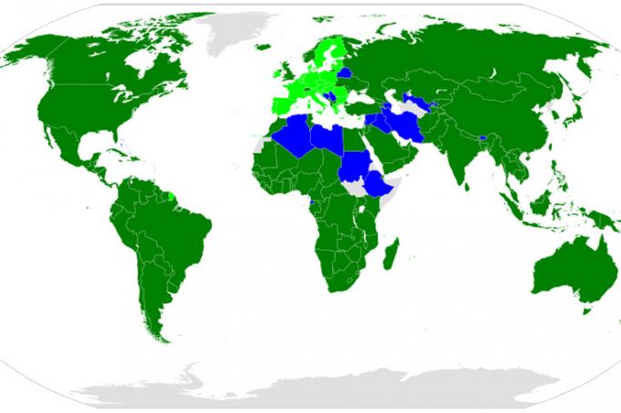 Member state of the World Trade Organization (WTO); dark green: member; light green: member of the EU and thus member; blue: observer; gray: no official Interaction with the WTO. Photo: Wikipedia