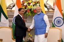 ပုံ - ANI အိန္ဒိယနိုင်ငံသို့ ရောက်ရှိနေေသာ သမ္မတဦးဝင်းမြင့်နဲ့ အိန္ဒိယ ဝန်ကြီးချုပ် မိုဒီတို့ကို တွေ့ရစဉ်။