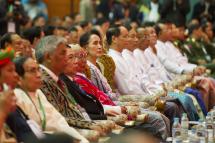 Myanmar opposition leader Aung San Suu Kyi attends the opening ceremony of Union Peace Conference in MICC 2 at NayPyiDaw on January 12, 2016. Suu Kyi will address ethnic armed groups, organisers of a fresh round of peace talks said, after she outlined peace as a priority for her government when it takes power in March. AFP PHOTO / Ye Aung THU Ye Aung Thu / AFP
